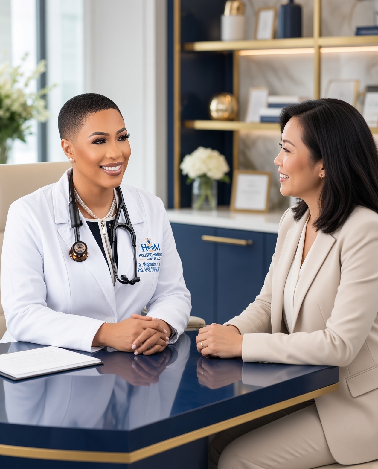 Dr. Magdaleina Joseph consulting with Asian patient