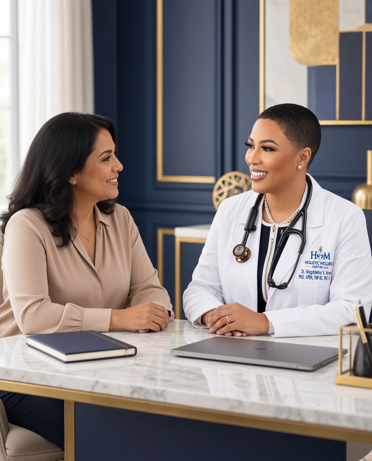 Dr. Magdaleina Joseph consulting with Latina patient