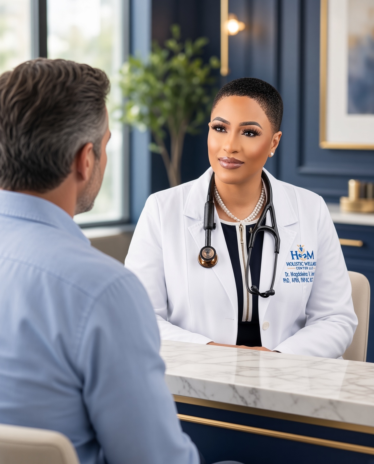 Dr. Magdaleina Joseph consulting with male patient